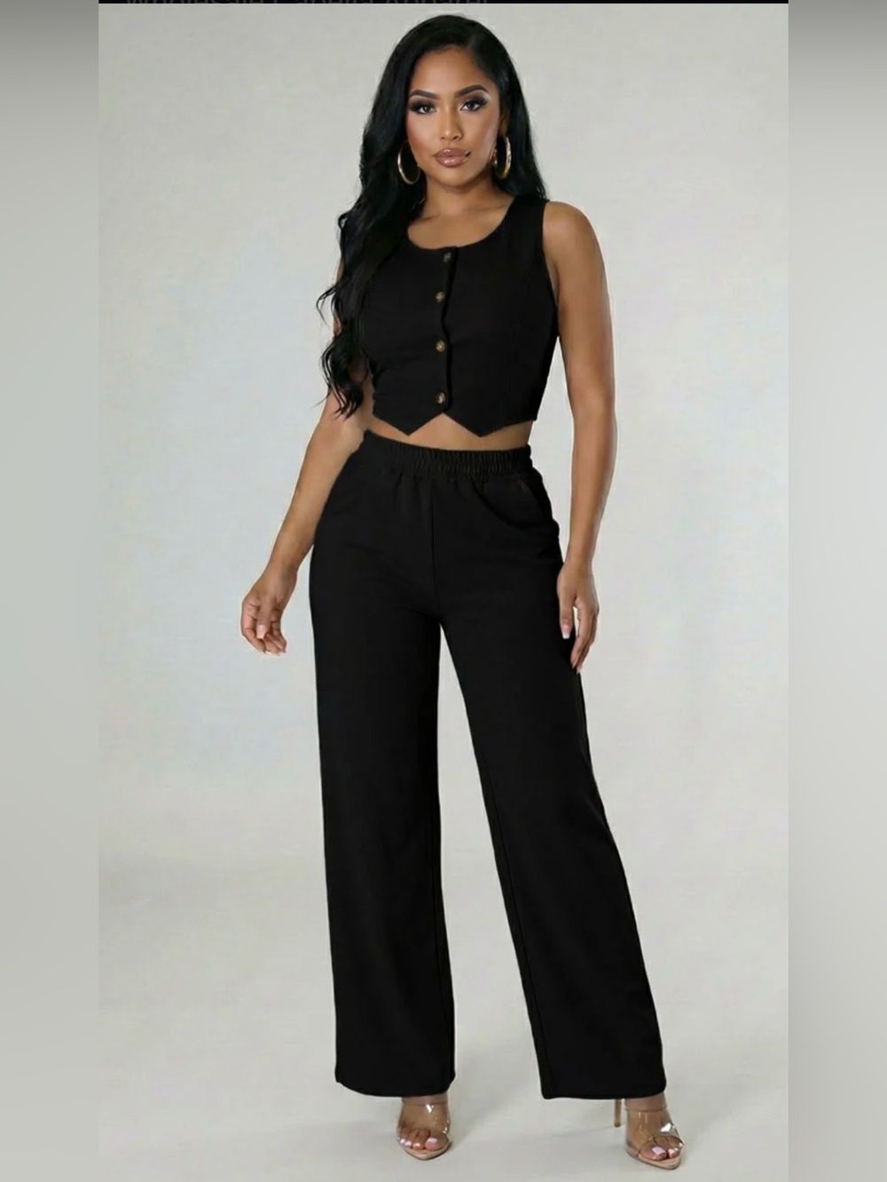 Good Luck Gem Black Wide-Leg Two-Piece Jumpsuit Set
